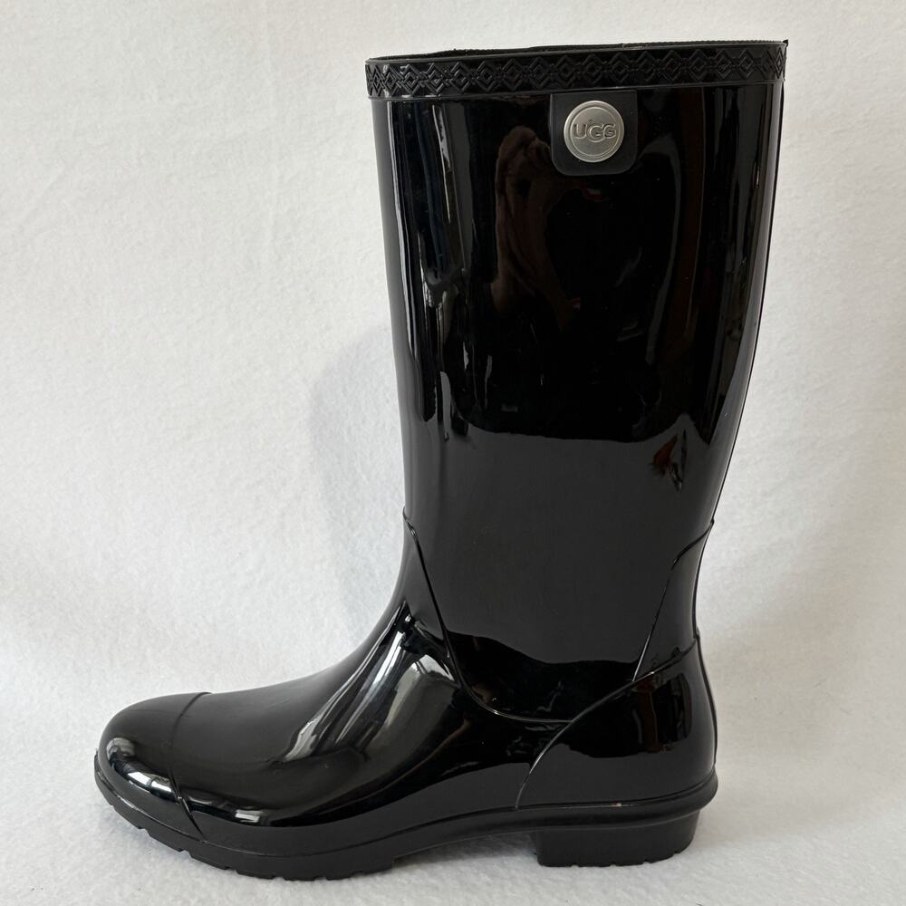 UGG Shaye Rain Boot Womens Size 11 Solid Shiny Black Mid Calf Slip On Waterproof - Picture 4 of 8